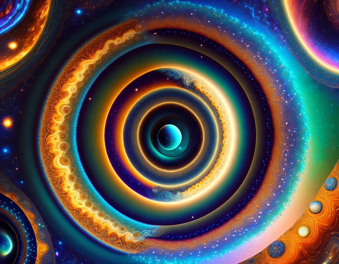 Colorful Fractal Image with Swirling Patterns in Blues and Oranges