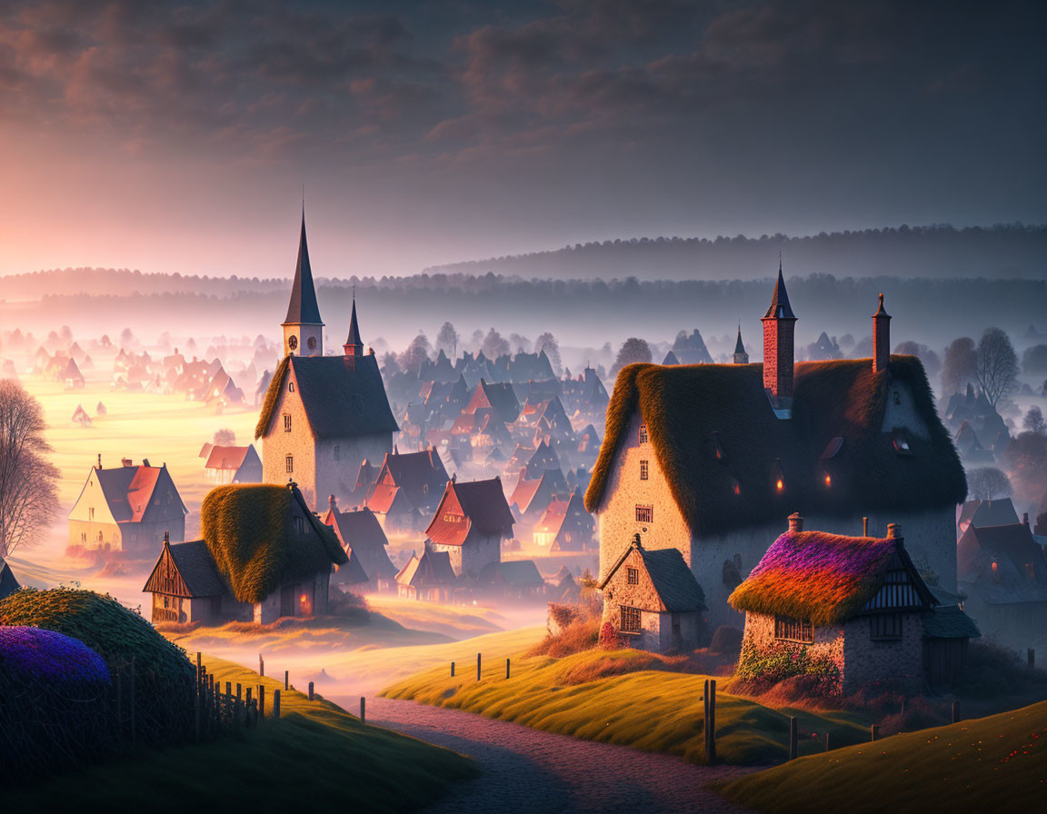 Picturesque village scene at sunrise: houses, church spire, misty hills