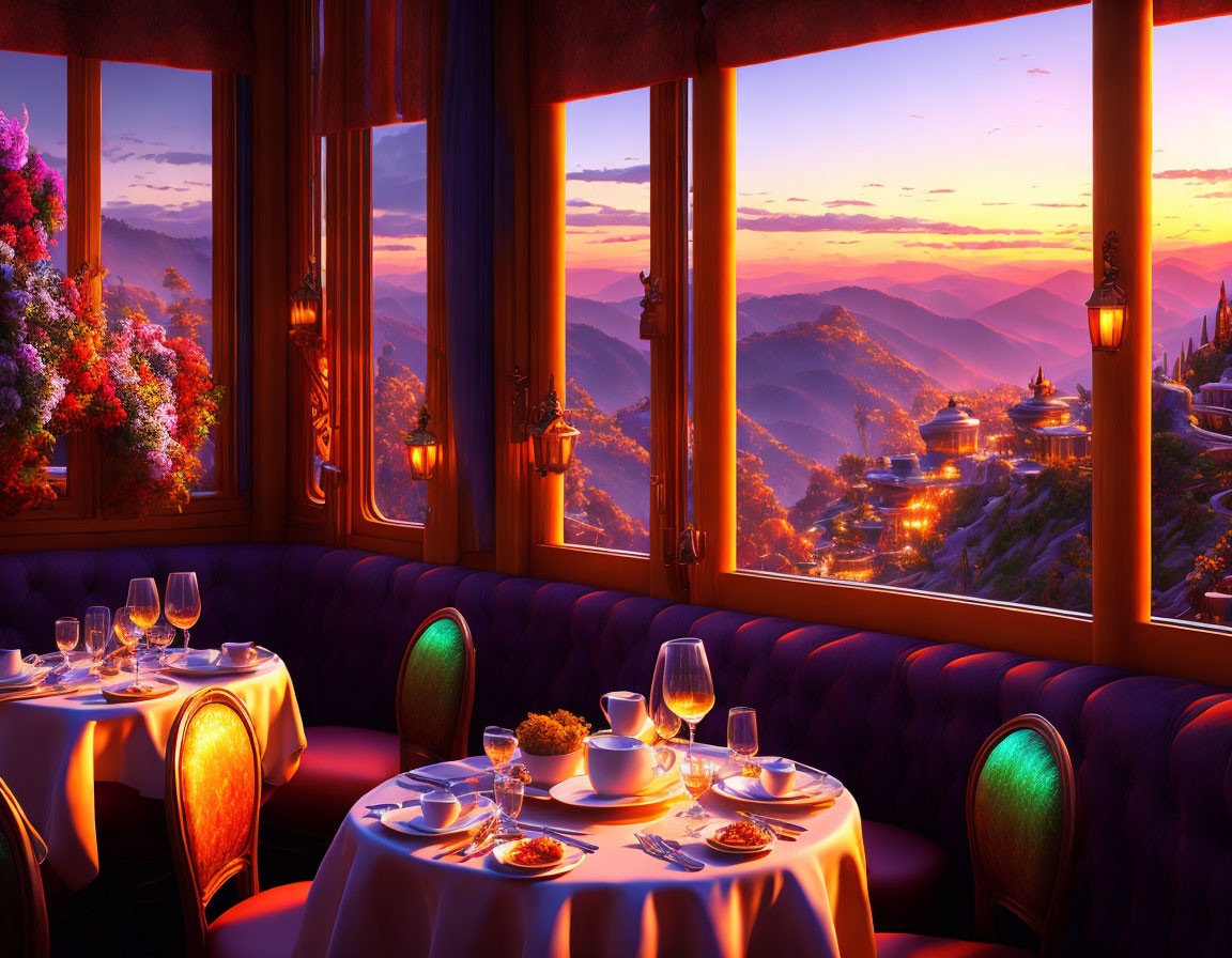 Restaurant Interior at Sunset with Mountain View Through Windows