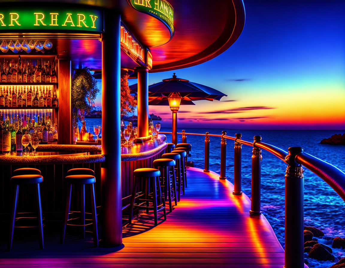 Colorful Sunset Outdoor Bar with Ocean View and Warm Ambiance