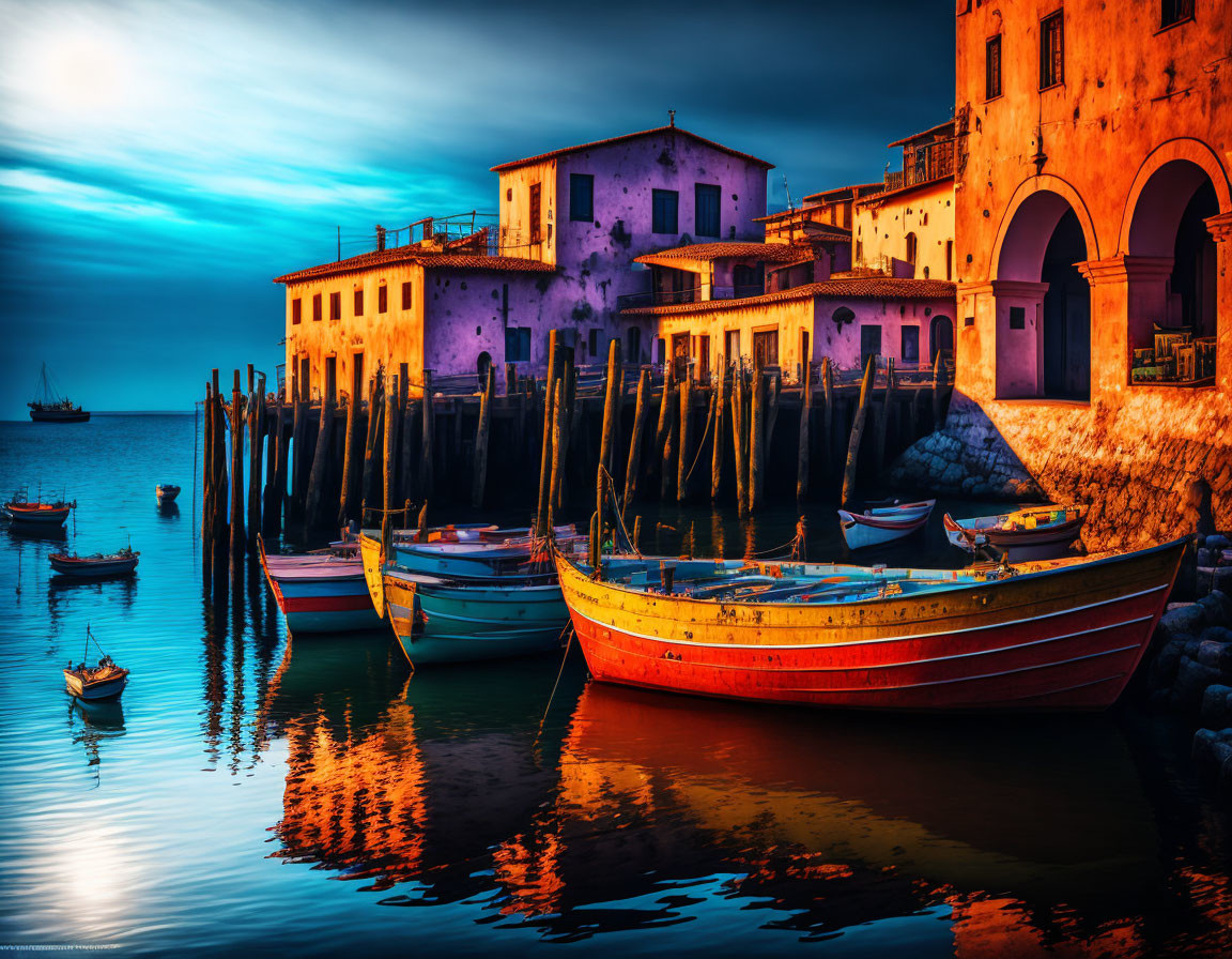 Vibrant dusk sky with colorful boats near old buildings