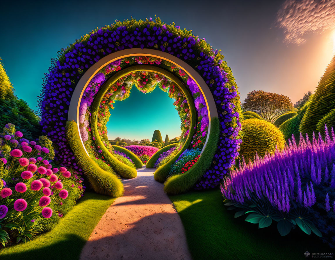 Lush Green Hedge Garden Pathway with Colorful Flowers