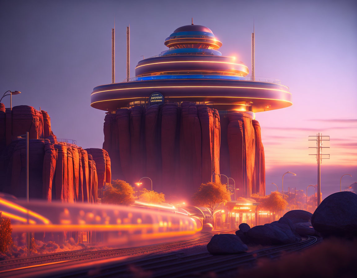 Futuristic building on rocky plateau with glowing train and purple sunset skies