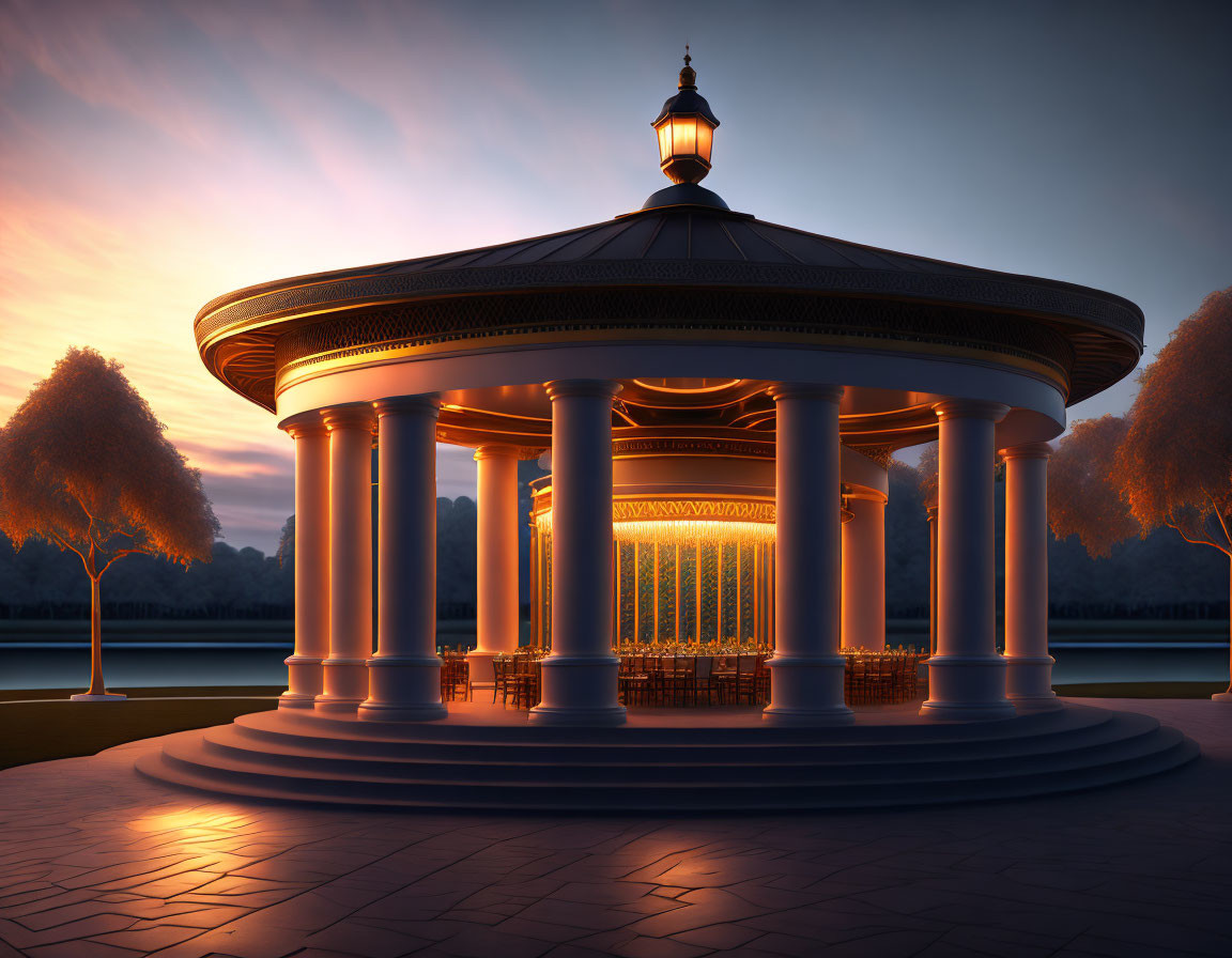 Twilight gazebo with warm lights against sunset sky