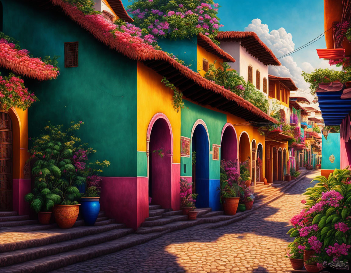 Vibrant cobblestone street with colorful houses and blooming flowers