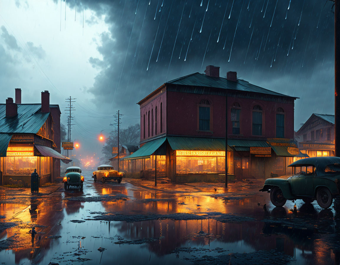 Vintage town twilight scene: rainy streets, glowing storefronts, classic cars, shimmering reflections.