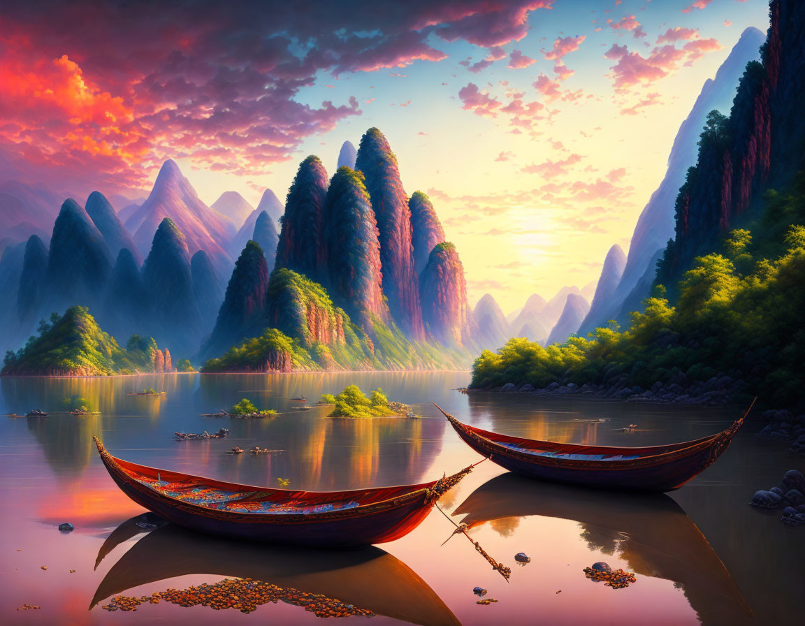 Tranquil landscape: two boats, river, mountains, sunset sky