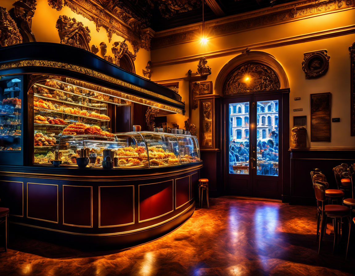 Elegant pastry shop interior with glass display, gold accents, and warm lighting