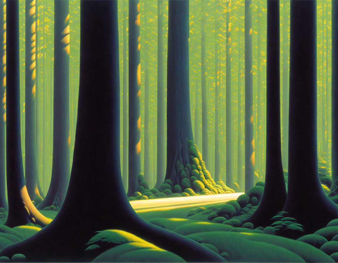 Illustrated forest with towering trees and sunlit glade in vibrant green.