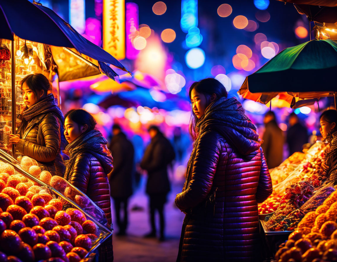 Vibrant night market scene with colorful lights and fruit stalls.