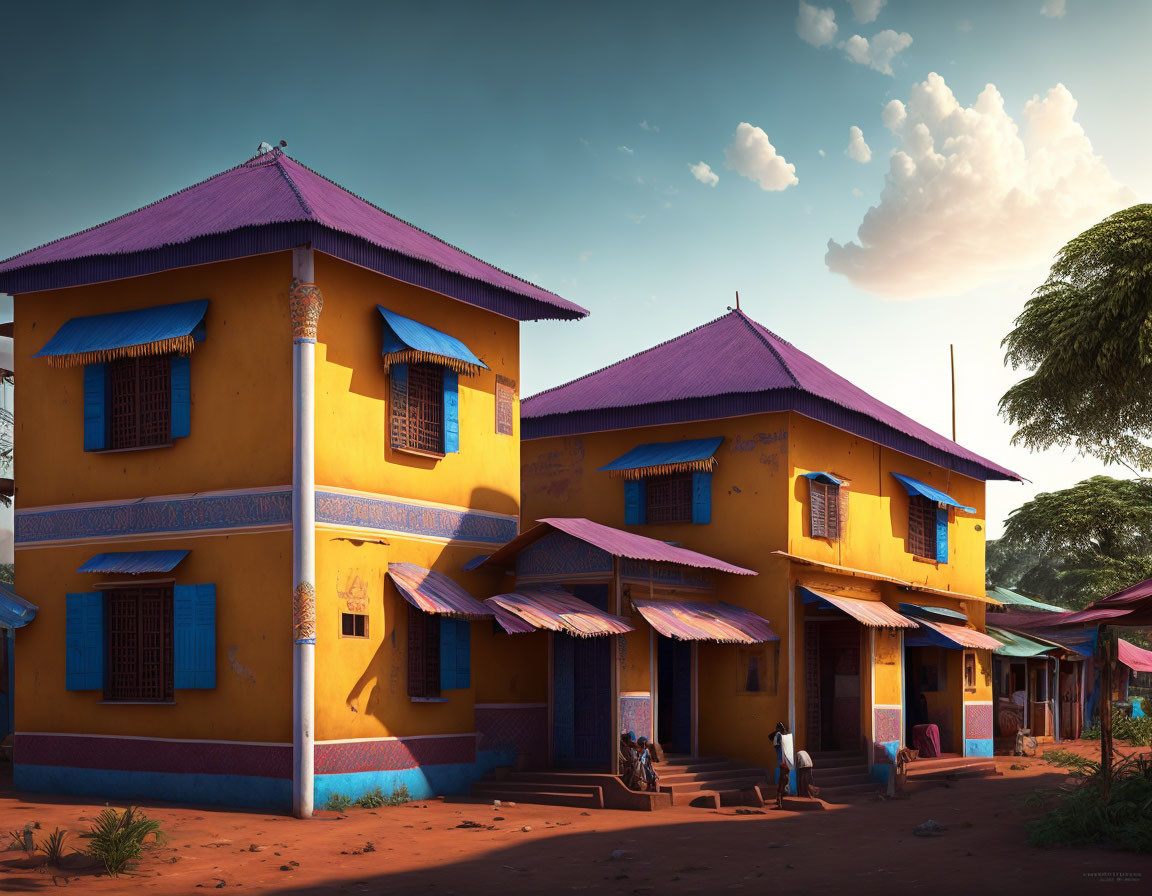 Colorful illustration of yellow houses with purple roofs and blue shutters under a serene sky