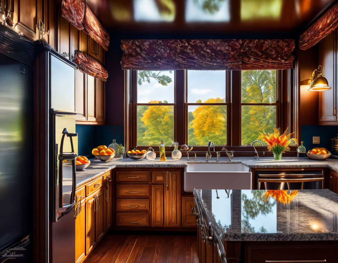 Warm Kitchen Interior with Wooden Cabinets & Autumn View