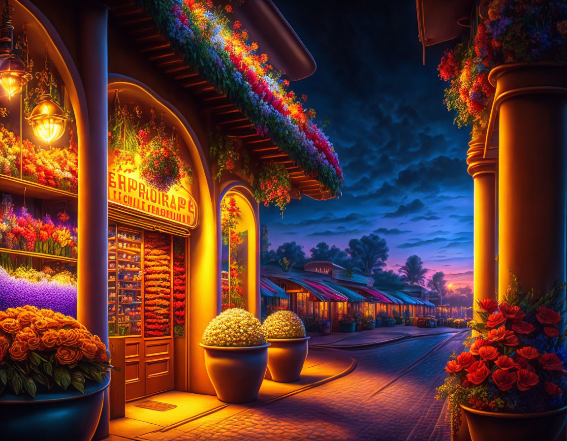 Colorful flower shop and glowing street lamps in deserted evening boulevard