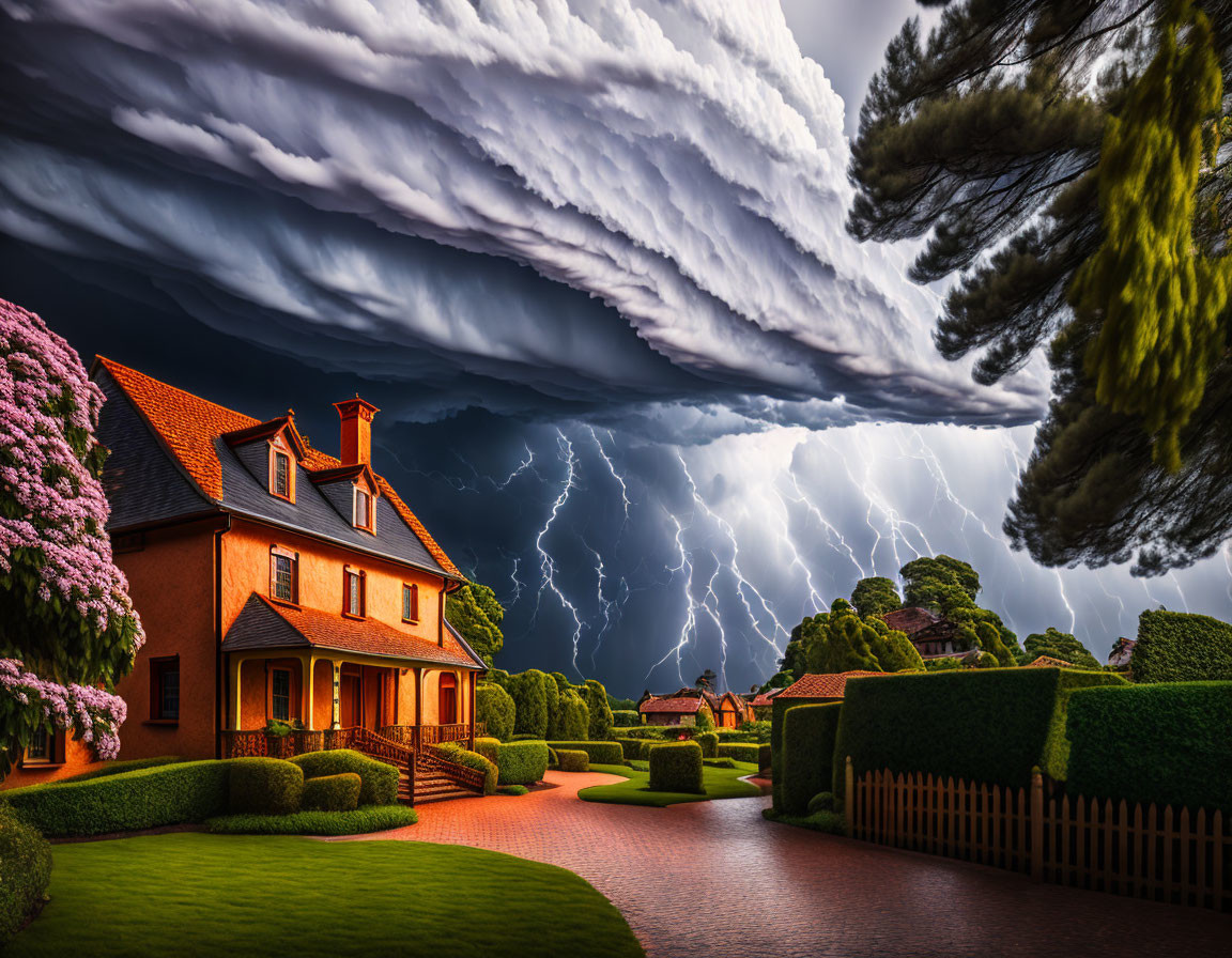 Manicured estate under dramatic sky with lightning