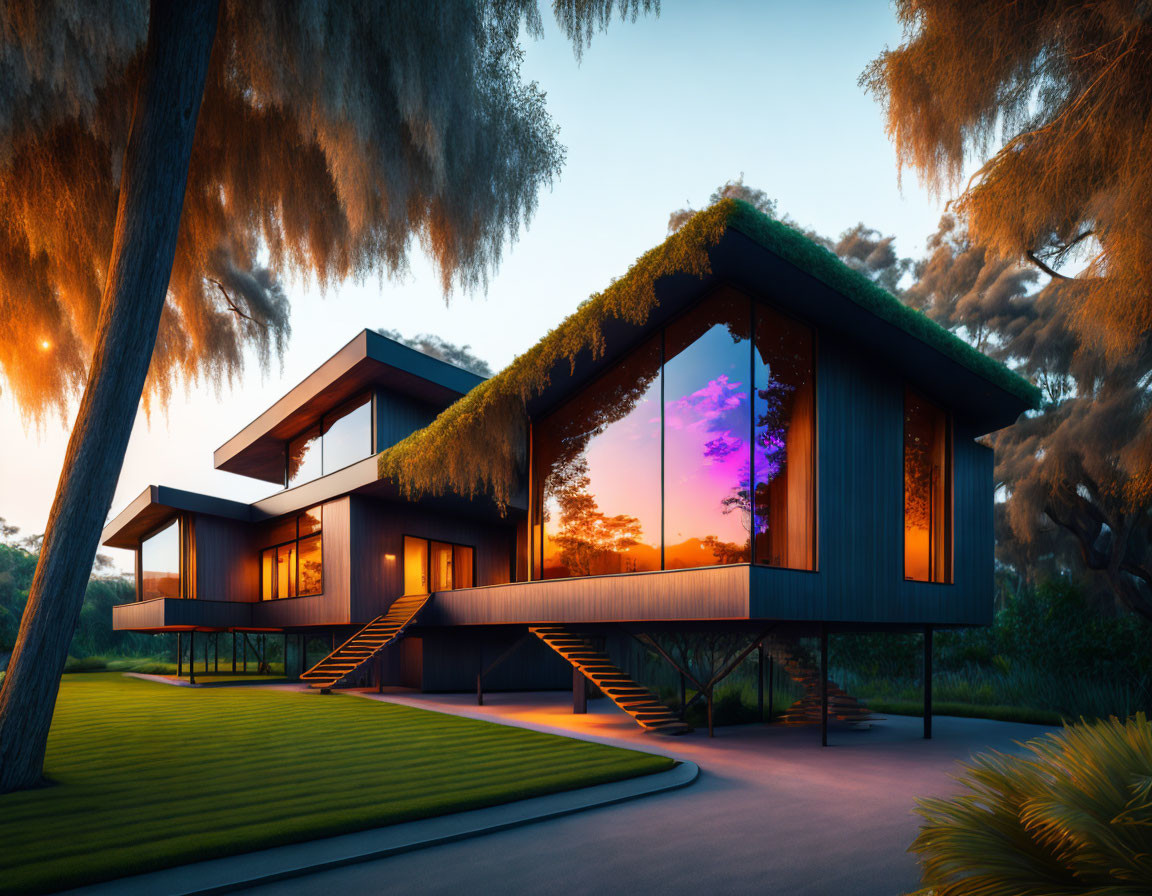 Contemporary house with large windows and green roof in sunset forest