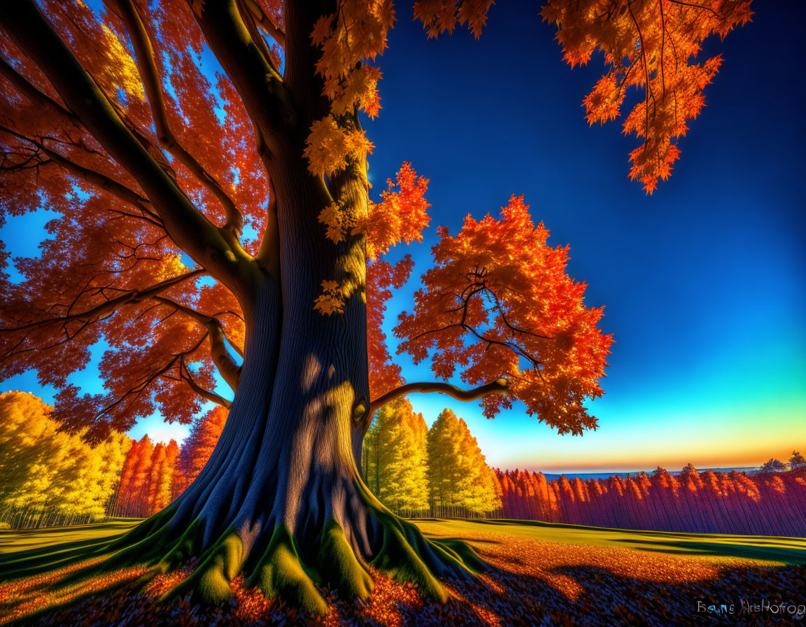 Colorful autumn tree with yellow and red leaves under a blue sky amid a vibrant forest