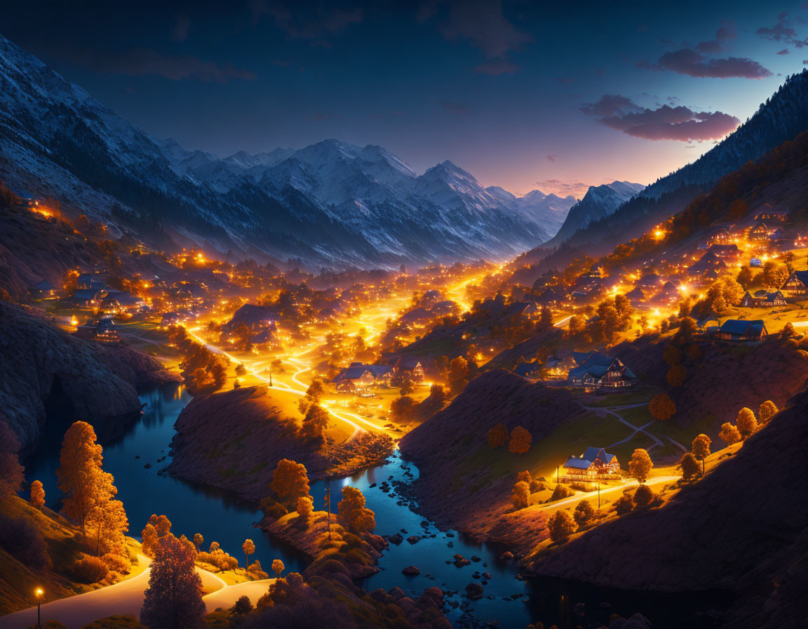 Mountain valley at dusk: village lights, winding river, snow-capped peaks, twilight sky