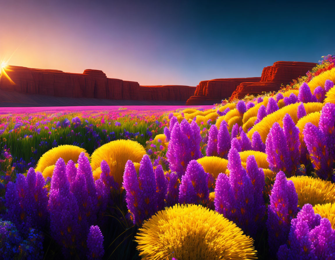 Majestic red rock formations with vibrant purple and yellow wildflowers in desert sunset