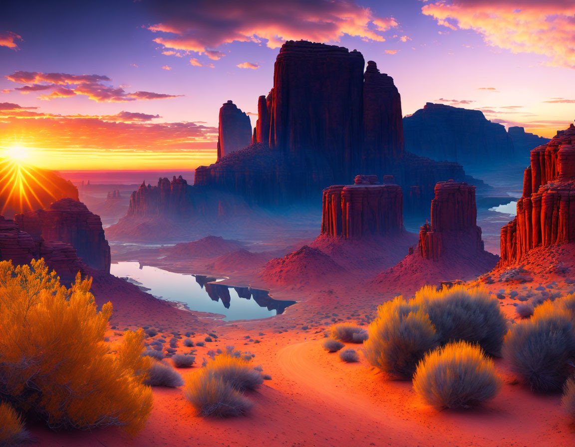 Tranquil desert sunrise with rock formations and vibrant sky reflections