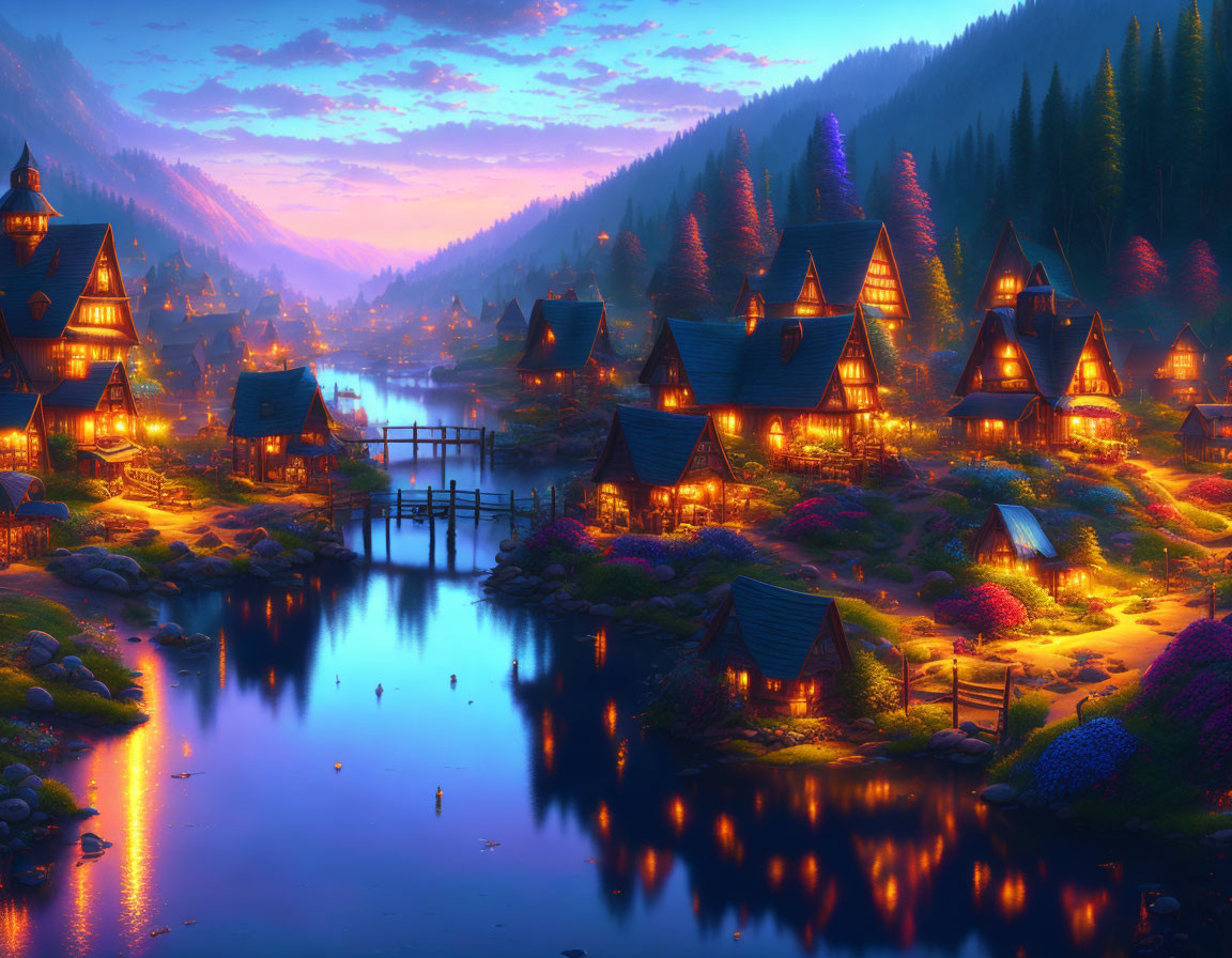 Scenic village with illuminated houses near river at twilight