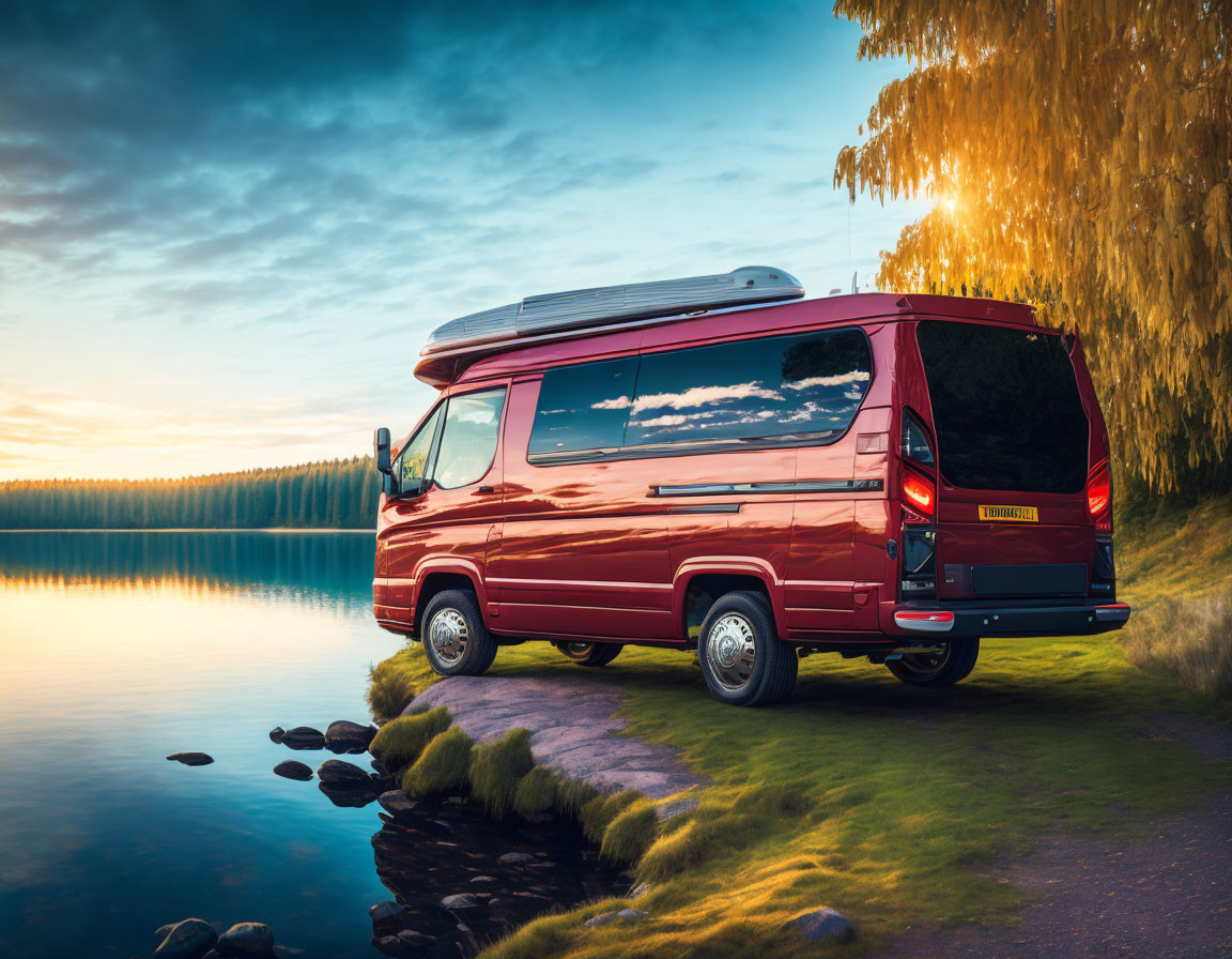 Red Camper Van by Serene Lake at Sunset with Reflections and Lush Trees