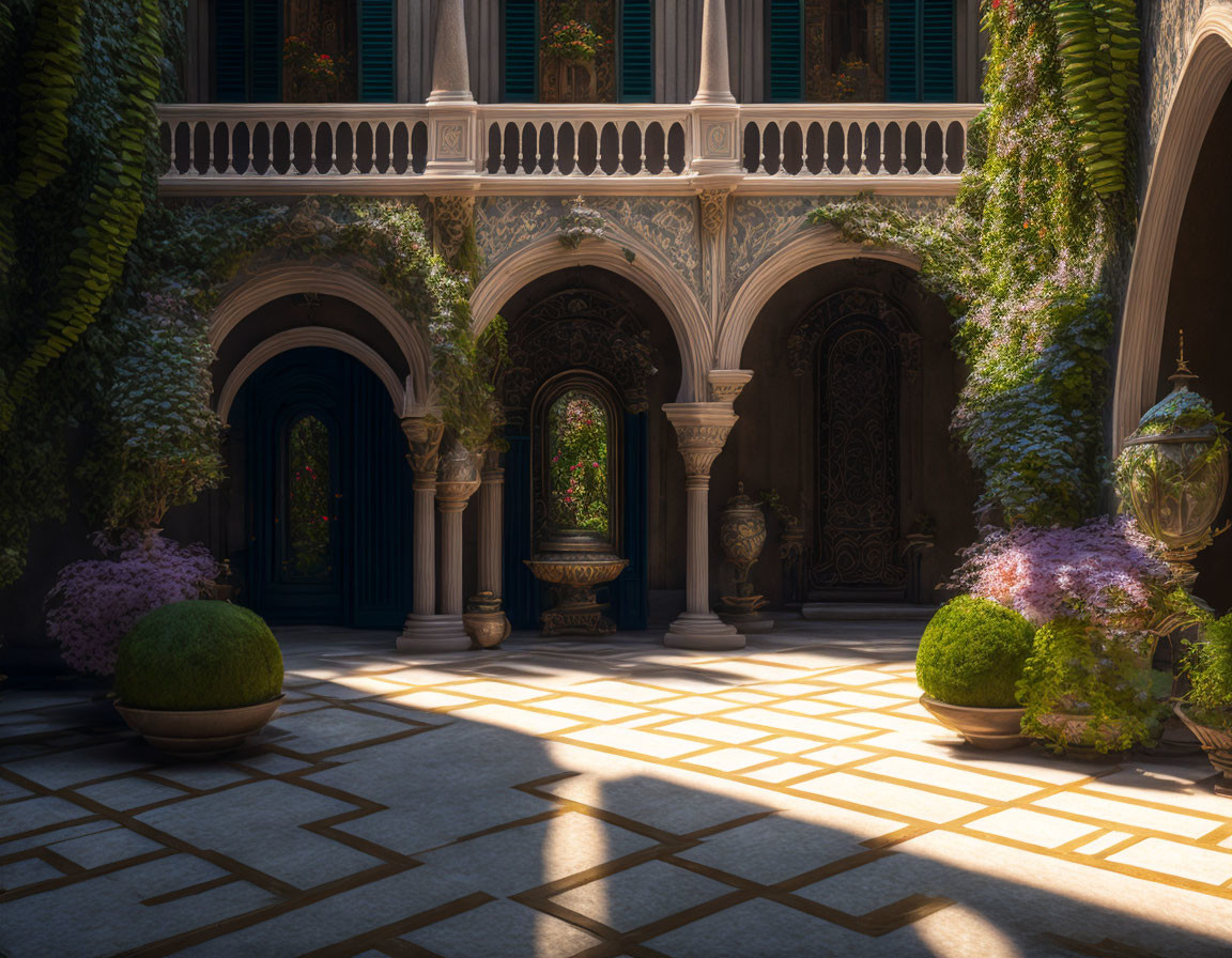 Ornate doors, vibrant plants, patterned floor in elegant courtyard