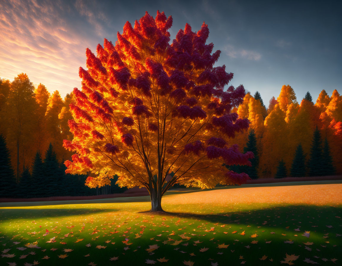 Fiery red and orange autumn tree at dusk