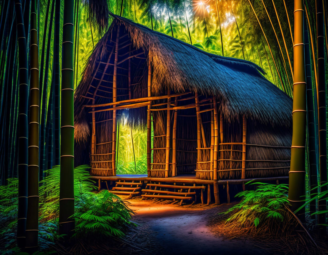 Tranquil Bamboo Forest and Thatched Hut at Dusk