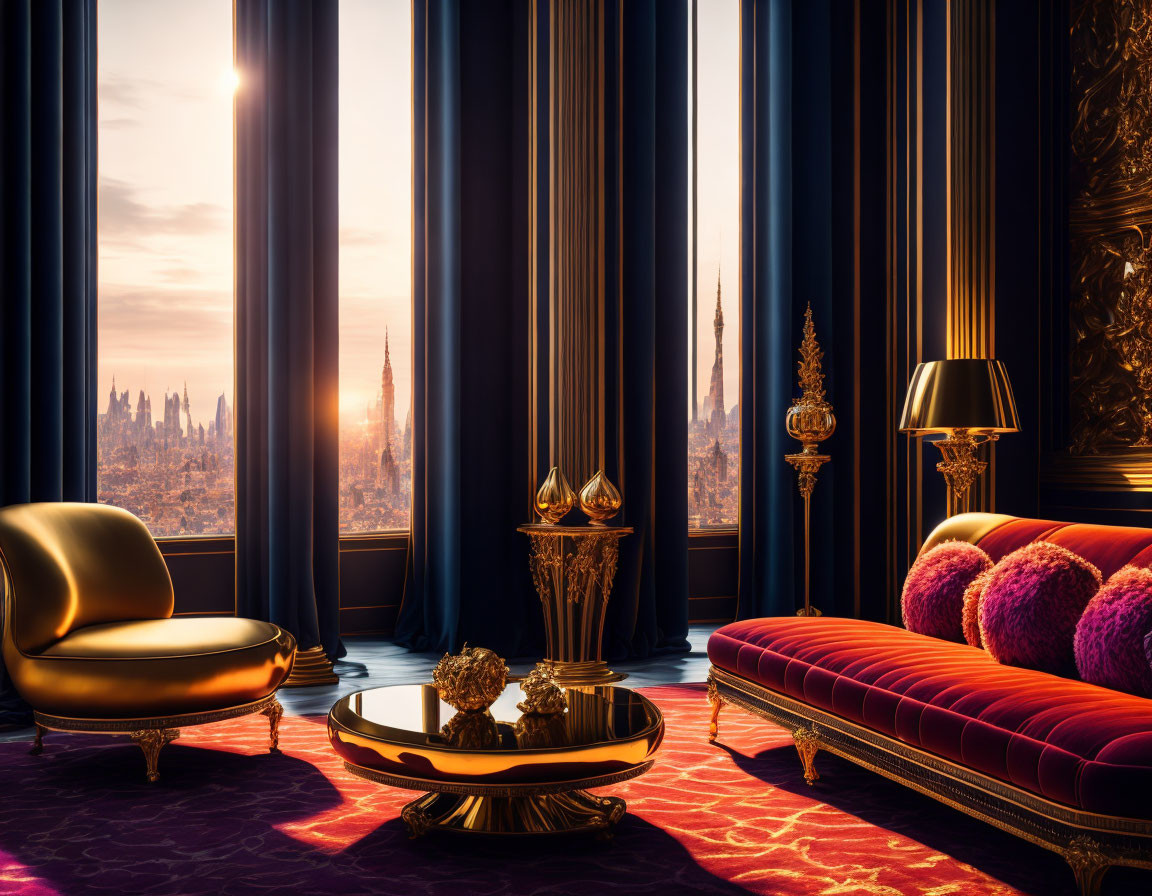 Elegant Velvet Sofas and City Sunset View in Luxurious Interior