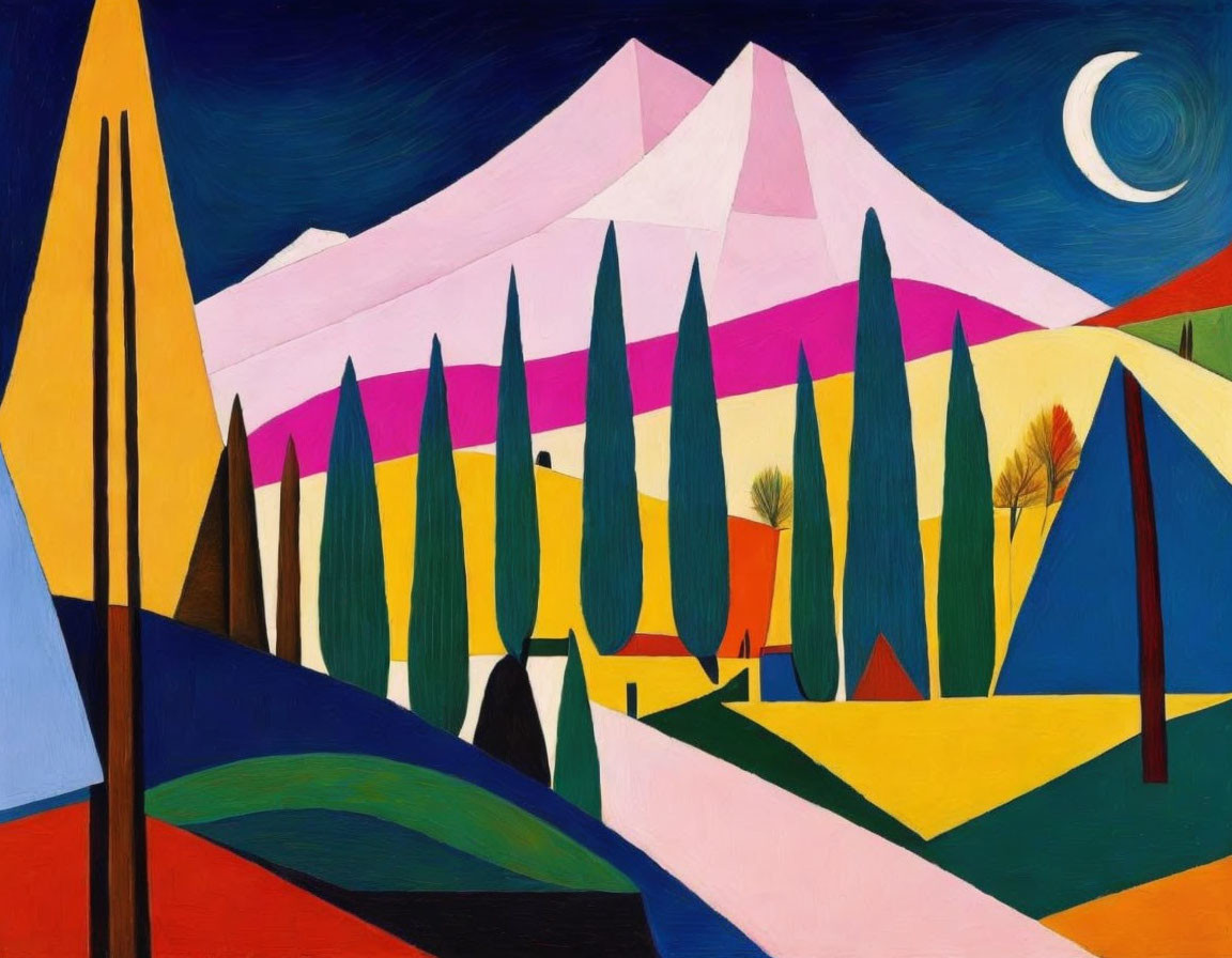 Colorful Abstract Painting: Geometric Shapes of Landscape, Mountains, Trees, Night Sky