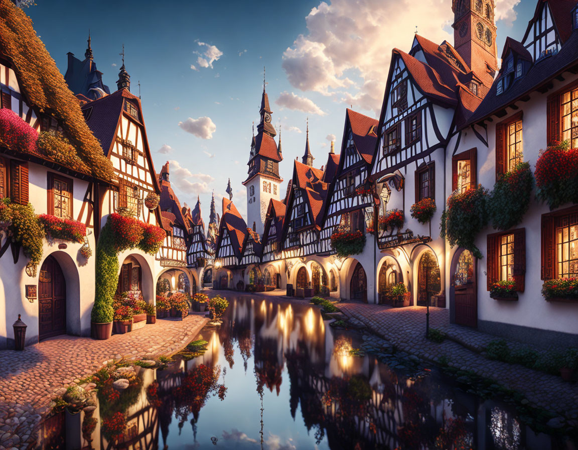 Charming European village street with half-timbered buildings, clock tower, and serene river at