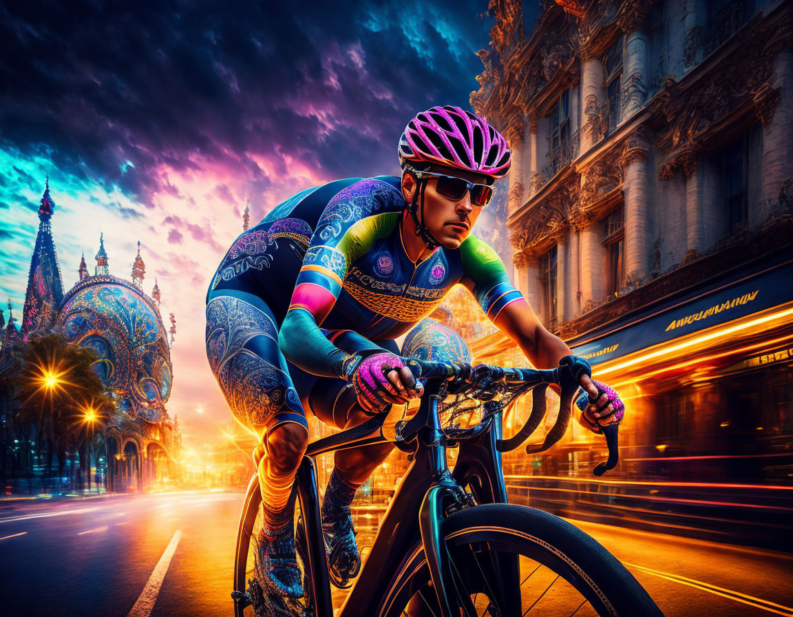 Colorful cyclist races through city at twilight with blurred traffic and ornate buildings