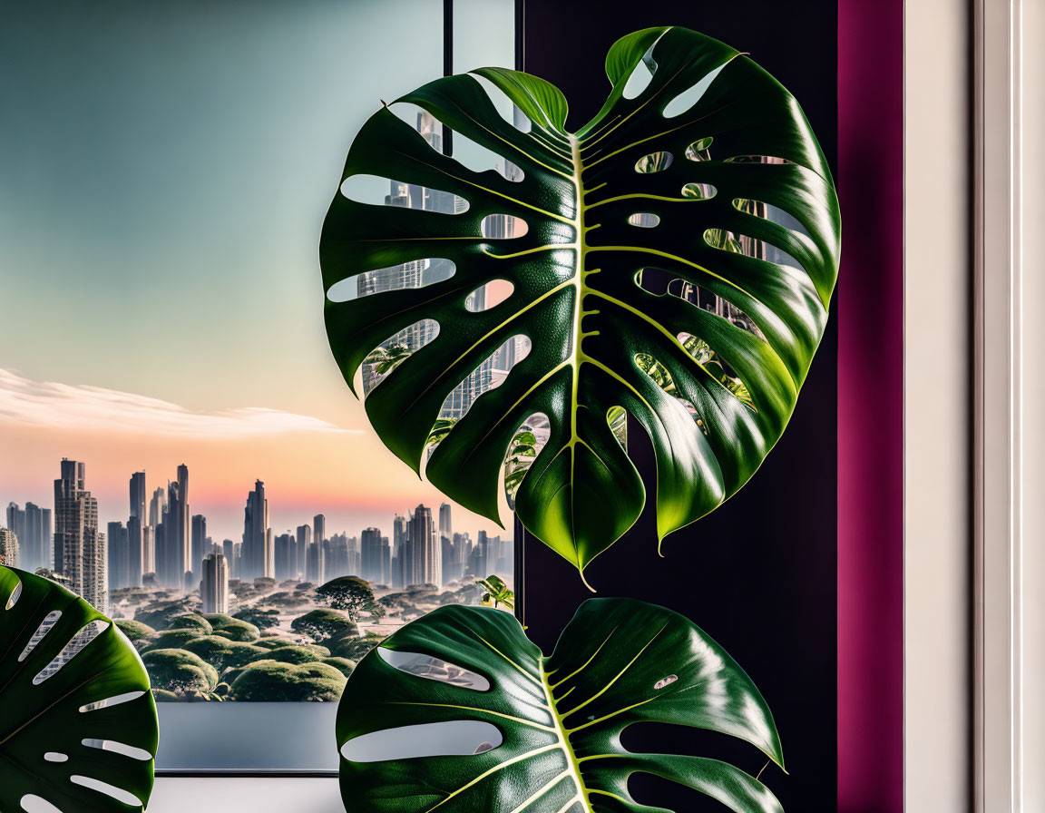 Monstera leaf and cityscape view through window during the day