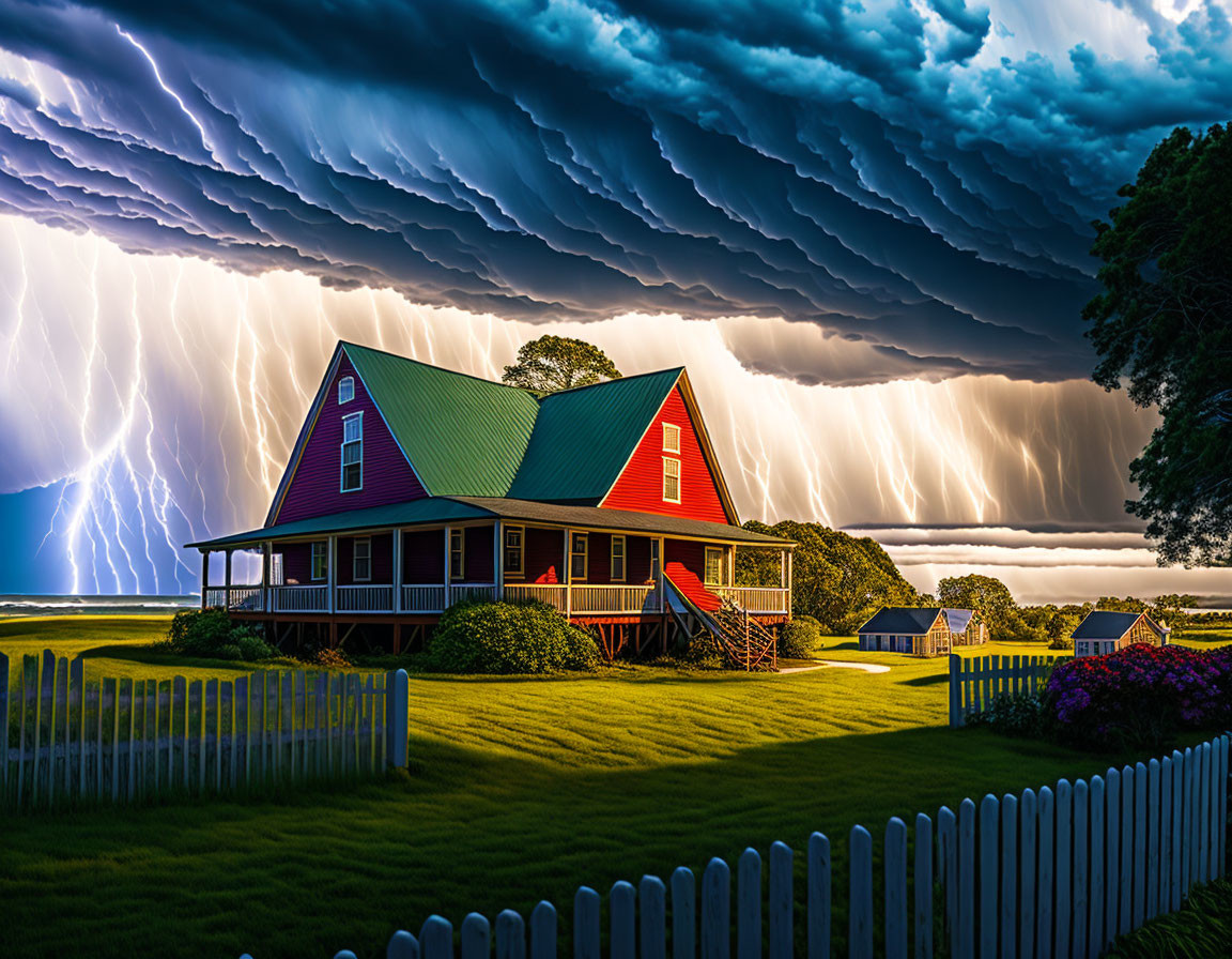 Red house with green roof under dramatic sky and lightning strikes