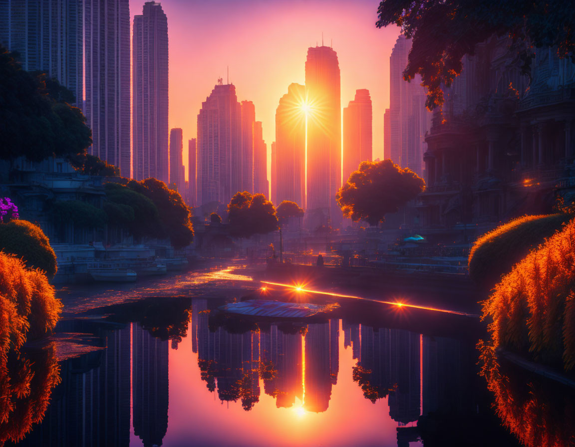 Urban sunrise with skyscrapers, water reflection, glowing lights, lush foliage, vibrant sky