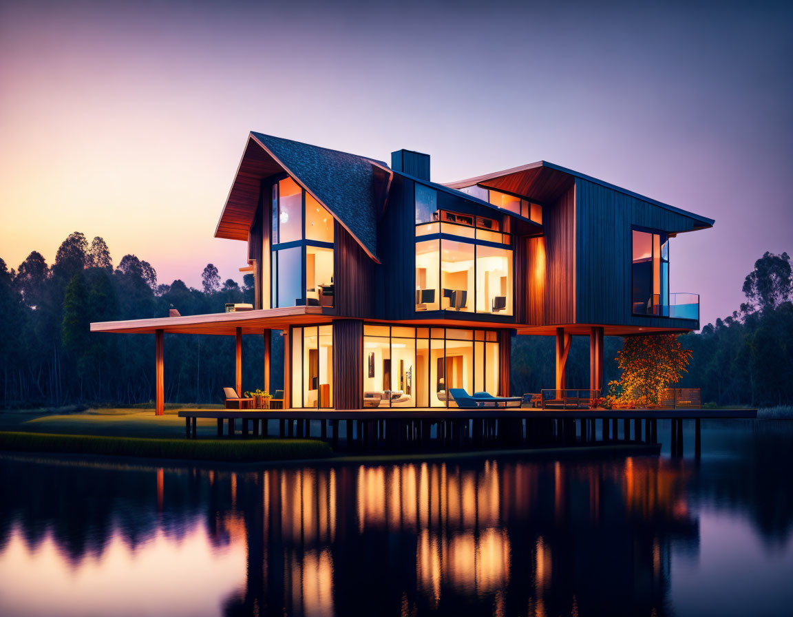 Spacious two-story house with large windows, gables, and twilight reflection on water.