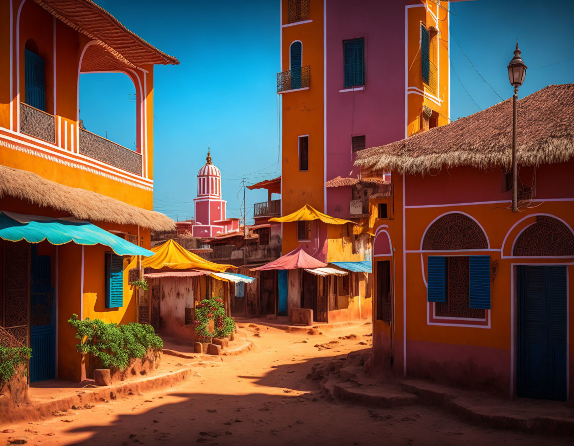 Vibrant Street Scene with Colorful Buildings and Thatched Stalls