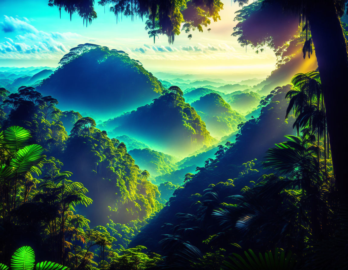 Vibrant sunrise over misty jungle with lush greenery