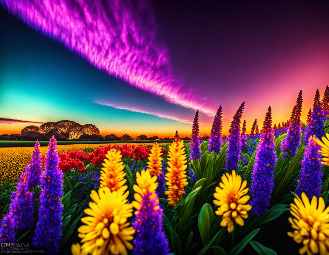 Colorful Flowers in Vibrant Sunset Landscape