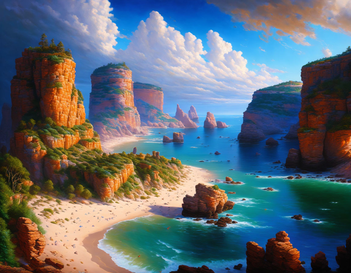 Serene beach painting with red cliffs and turquoise waters