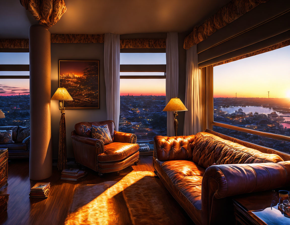 Warmly lit living room with leather sofas, cityscape view, and landscape painting.