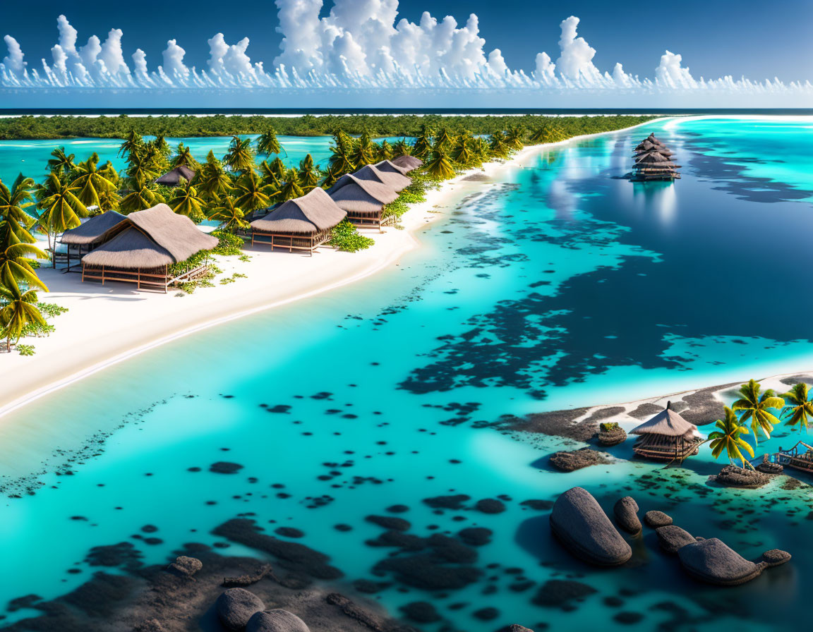 Tropical Beach Setting with Thatched Huts and Palm Trees