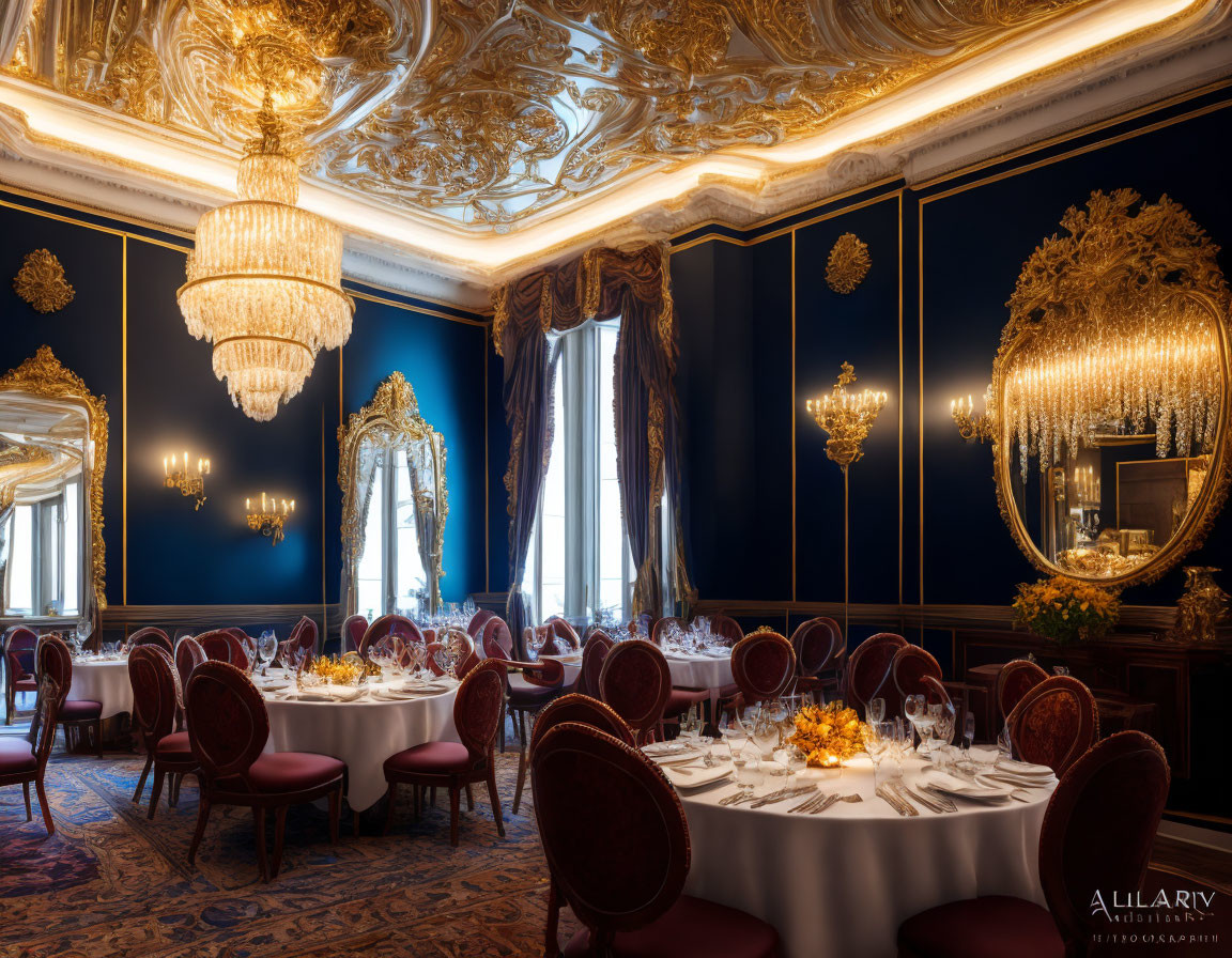 Luxurious Dining Room with Golden Chandeliers and Elegant Decor