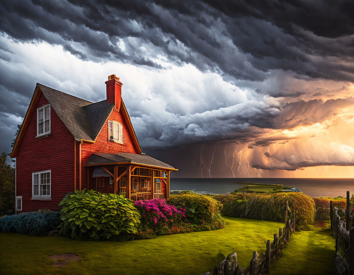 Vibrant red house with porch under dramatic sky by the sea at dusk