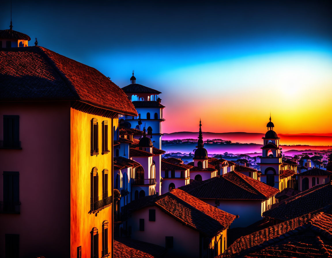 Townscape at Dusk: Silhouetted Buildings Against Vibrant Sky