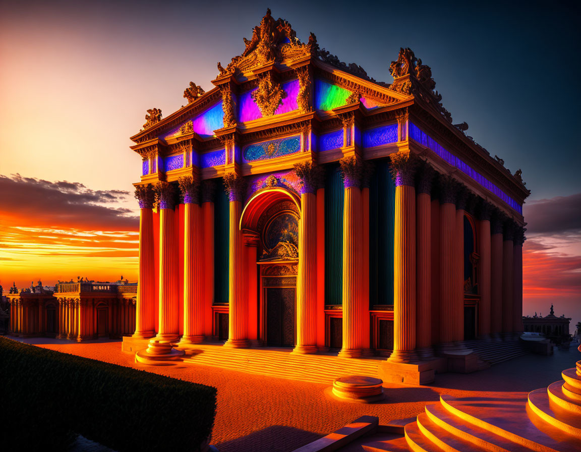 Ornate Building with Colorful Lights at Sunset