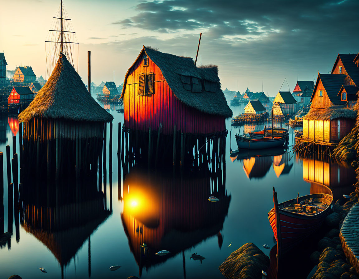 Thatched Roof Stilt Houses Over Calm Water at Twilight