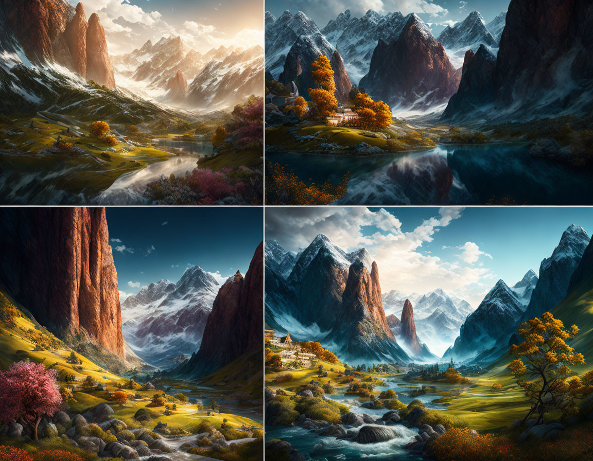 Scenic landscapes featuring mountains, rivers, meadows, and autumn trees in different lighting.