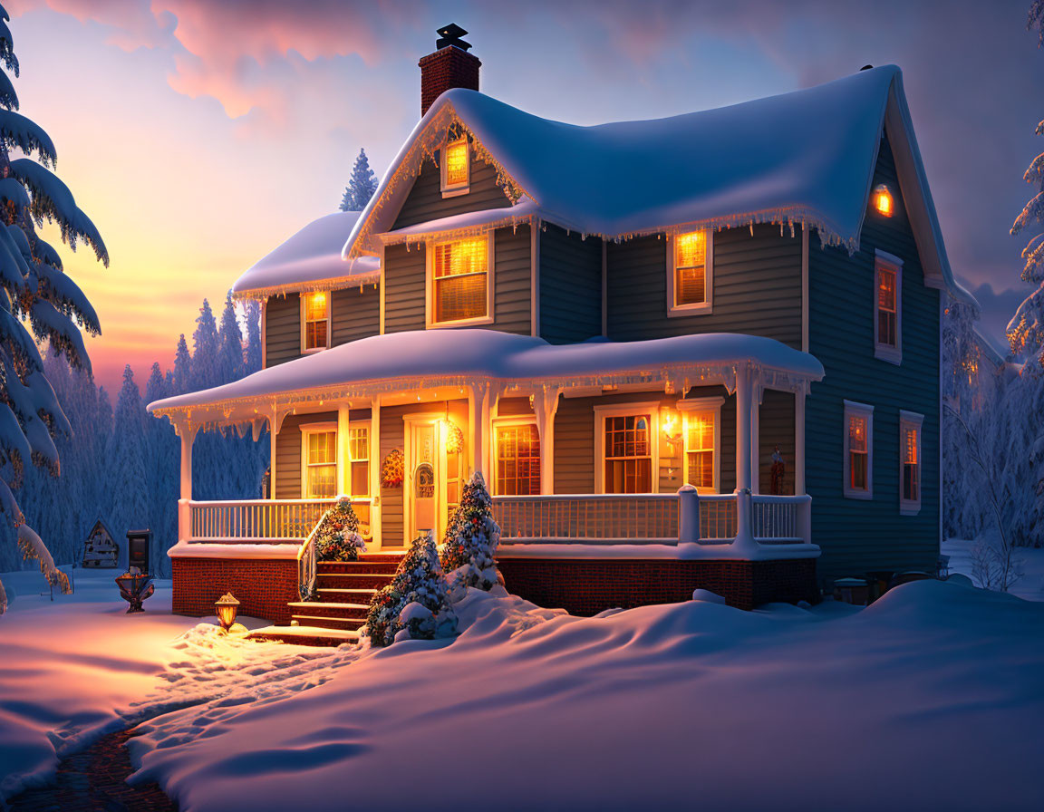 Cozy two-story house in snowy dusk with glowing windows