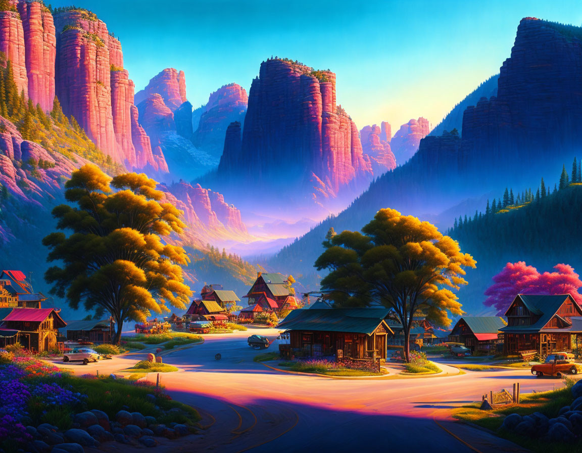 Scenic village in valley with red rock formations